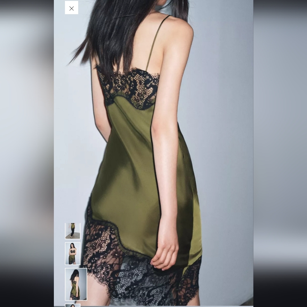 Zara Asymmetrical Green Dress with Black Lace - Picture 3 of 10